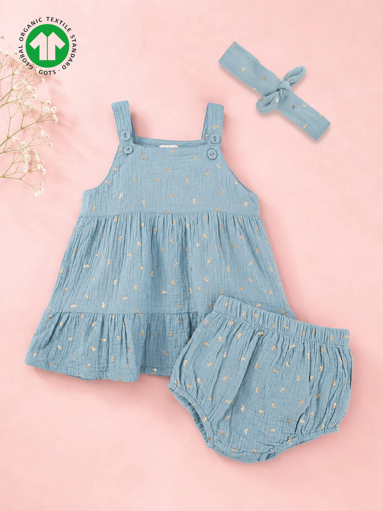Girls Organic Cotton Sky Blue Floral Print Dress & Bloomers Set with Headband