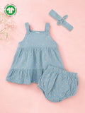 Girls Organic Cotton Sky Blue Floral Print Dress & Bloomers Set with Headband