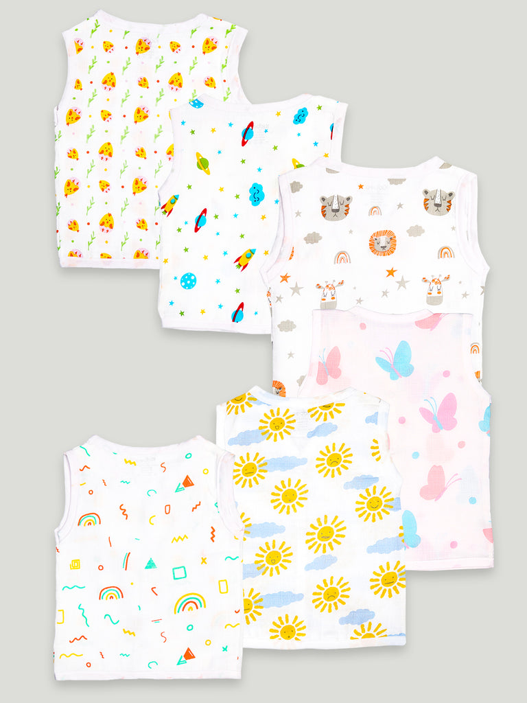 Extra Soft Muslin Cotton Jhabla Cloth for Baby | Cute Chick, Space, Tiger, Sun, Butterfly and Rainbow Print | Pack of 6 | Print May Vary