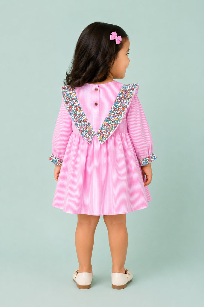 Light Organic Cotton Pink Floral Collar Full Sleeve Frock Dress
