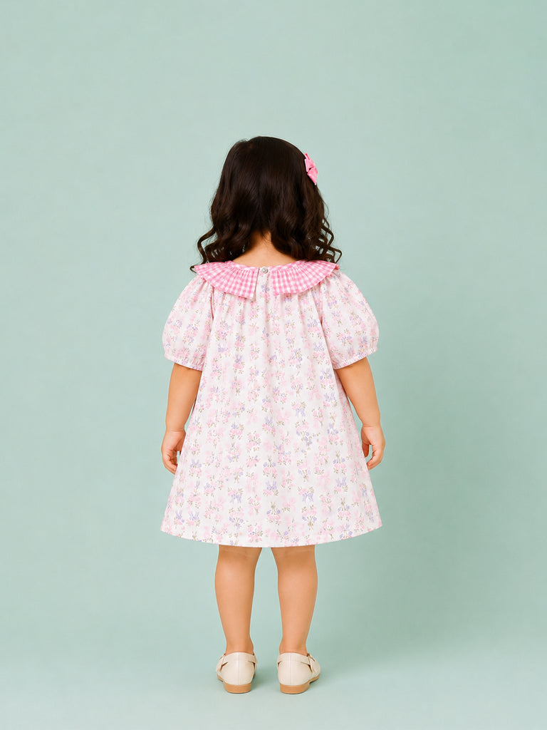 Light Organic Cotton Floral Print Pink Collar Frock Dress
