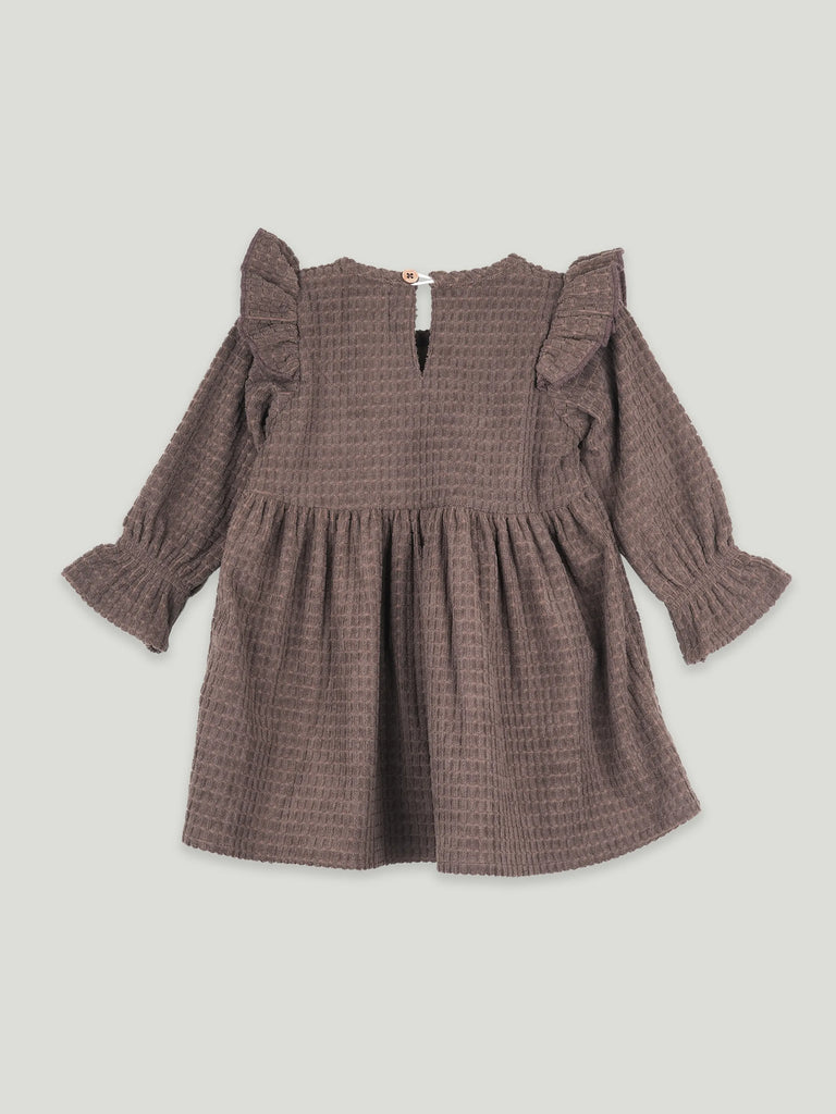 Baby Girl Full Sleeve Ruffle Frock with Floral Applique | Soft Cotton