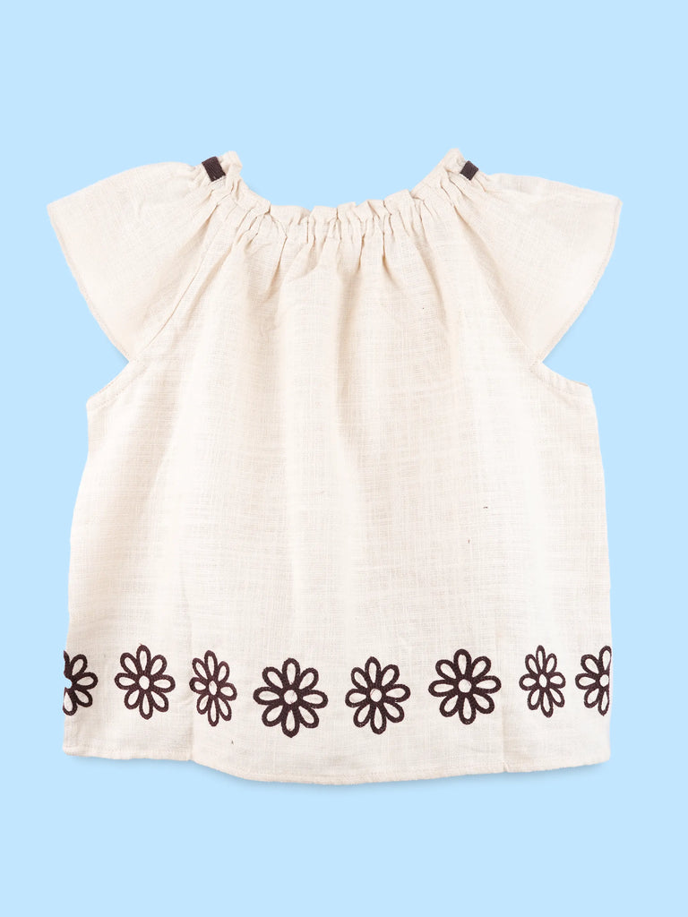 Girls Cotton Co-Ord Set – Cream Top & Wide-Leg Pants with Floral Embroidery
