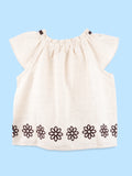 Girls Cotton Co-Ord Set – Cream Top & Wide-Leg Pants with Floral Embroidery