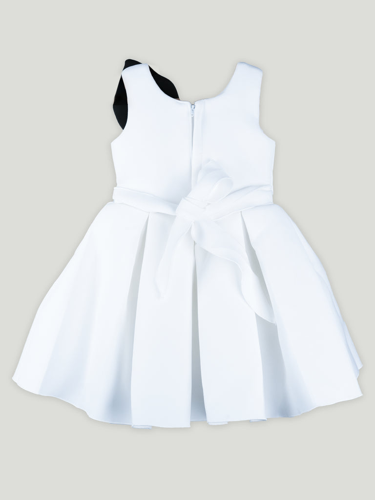 Girls White Partywear Frock – 3D Rose Flower & Leaf Design Dress