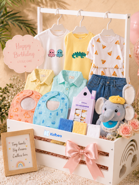 Birthday - Customizable Kids Gift Hamper for Boys & Girls – Clothing, Muslin Napkins, Socks & More