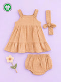Girls Organic Cotton Beige Floral Print Dress & Bloomers Set with Headband