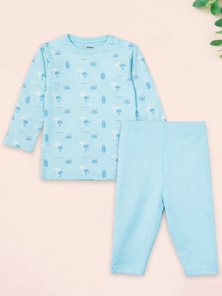 Organic Cotton Unisex Baby Co-ord Set – Soft Breathable Sky Blue Beach Print Full Sleeve T-shirt & Pyjama for Infants