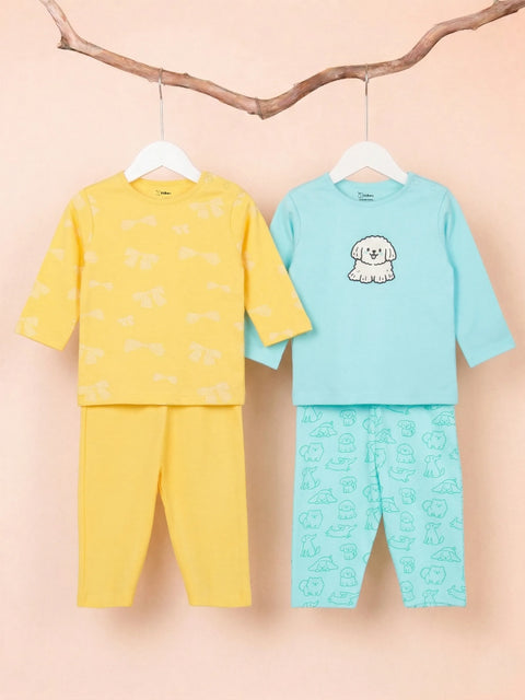 Organic Cotton Baby T-Shirt & Pyjama Set Pack of 2 – Bow & Blue Dog Print Full Sleeve