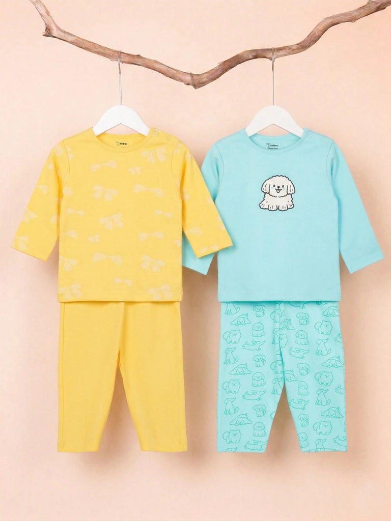 Organic Cotton Baby T-Shirt & Pyjama Set Pack of 2 – Bow & Blue Dog Print Full Sleeve