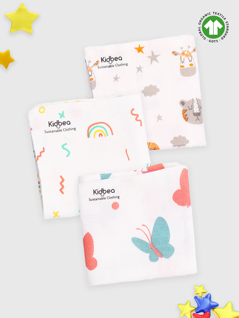 Muslin Premium Ultra Soft doubled layer Napkin Multicolor - Pack of 3 | Tiger, Rainbow & Butterfly
