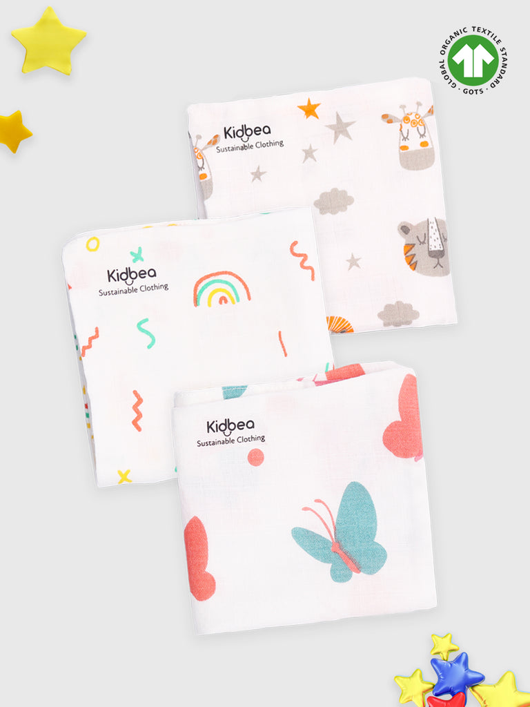 Kidbea Muslin Premium Ultra Soft doubled layer Napkin Multicolor - Pack of 3 | Tiger, Rainbow & Butterfly