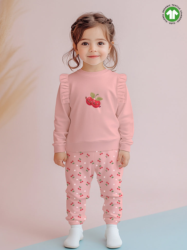 100% Bamboo Cotton Girls Full Sleeves Cherry Printed Co-Ord Set - Blush Pink