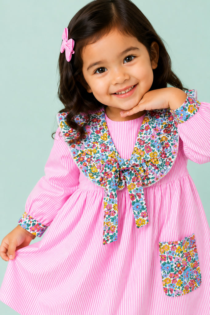 Light Organic Cotton Pink Floral Collar Full Sleeve Frock Dress