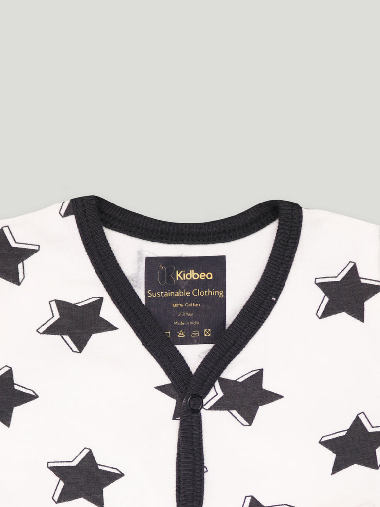 Kidbea 100% cotton fabric full sleeves & full buttons romper | Star | Black