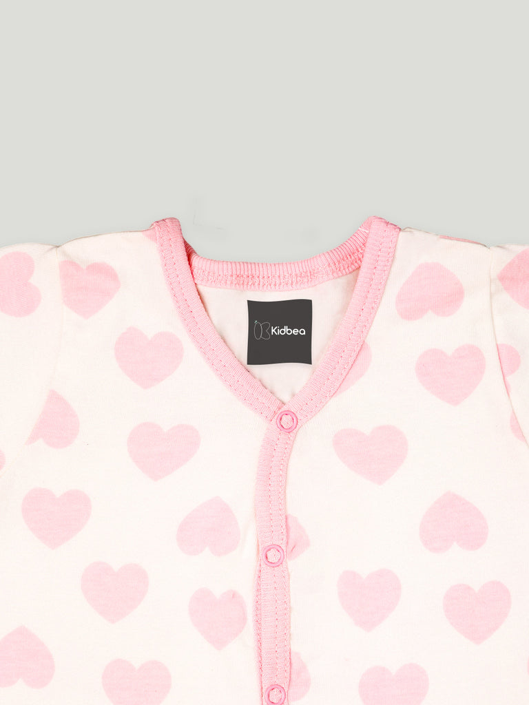Kidbea 100% cotton  fabric full sleeves & full buttons romper | Heart | Pink