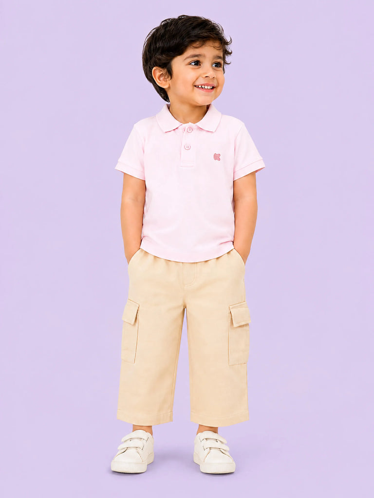 Boys Cotton Co-Ord Set – Pink Polo T-Shirt & Beige Cargo Pants