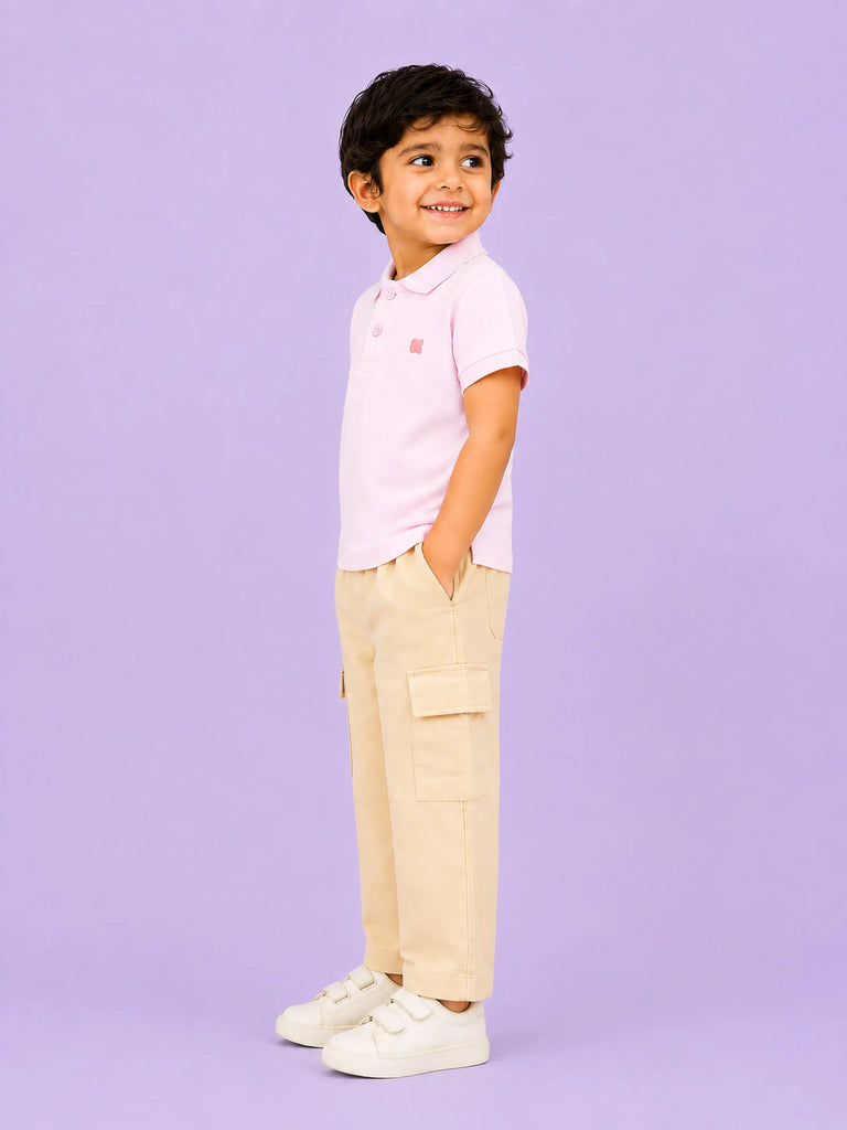 Boys Cotton Co-Ord Set – Pink Polo T-Shirt & Beige Cargo Pants