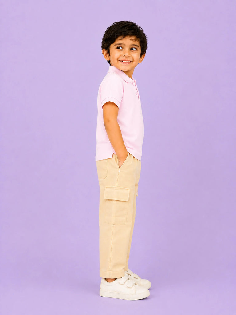 Boys Cotton Co-Ord Set – Pink Polo T-Shirt & Beige Cargo Pants