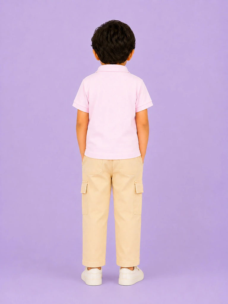 Boys Cotton Co-Ord Set – Pink Polo T-Shirt & Beige Cargo Pants