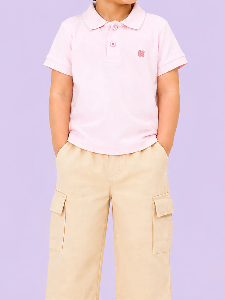 Boys Cotton Co-Ord Set – Pink Polo T-Shirt & Beige Cargo Pants