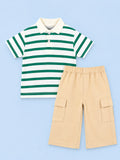 Boys Cotton Co-Ord Set – Green & White Striped Polo T-Shirt with Beige Cargo Pants
