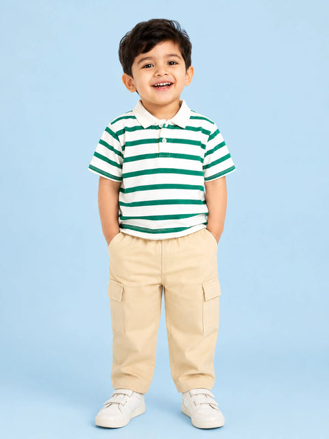 Boys Cotton Co-Ord Set – Green & White Striped Polo T-Shirt with Beige Cargo Pants