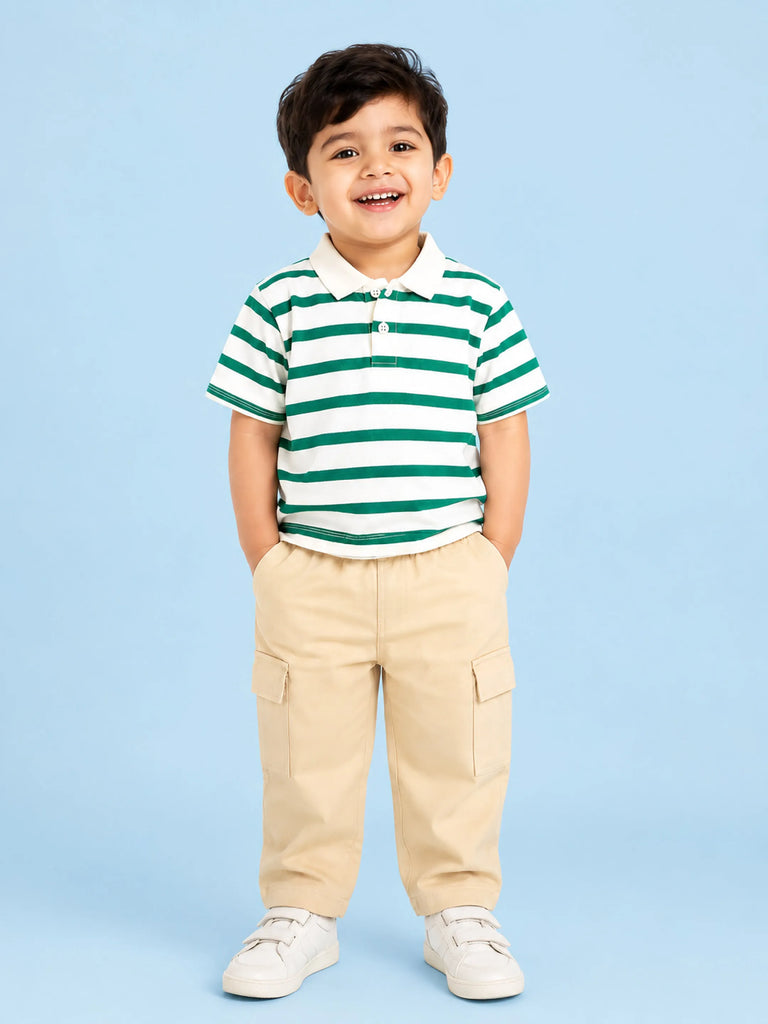 Boys Cotton Co-Ord Set – Green & White Striped Polo T-Shirt with Beige Cargo Pants