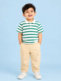 Boys Cotton Co-Ord Set – Green & White Striped Polo T-Shirt with Beige Cargo Pants