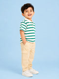 Boys Cotton Co-Ord Set – Green & White Striped Polo T-Shirt with Beige Cargo Pants