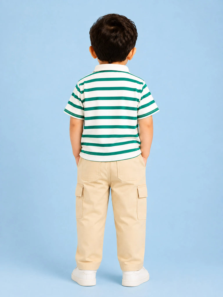 Boys Cotton Co-Ord Set – Green & White Striped Polo T-Shirt with Beige Cargo Pants