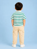 Boys Cotton Co-Ord Set – Green & White Striped Polo T-Shirt with Beige Cargo Pants