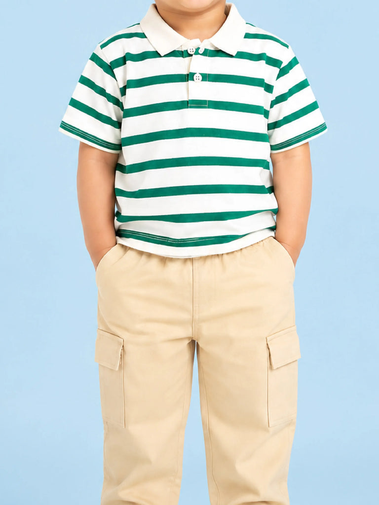 Boys Cotton Co-Ord Set – Green & White Striped Polo T-Shirt with Beige Cargo Pants