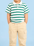 Boys Cotton Co-Ord Set – Green & White Striped Polo T-Shirt with Beige Cargo Pants