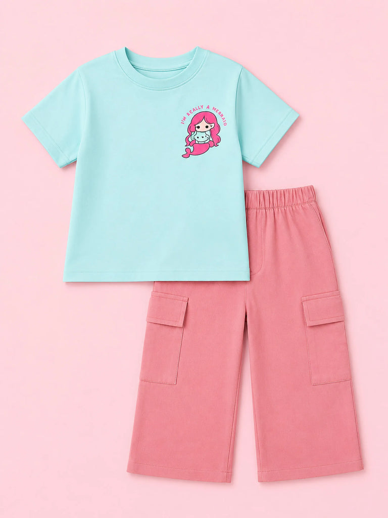 Girls Cotton Co-Ord Set – Sky Blue Graphic T-Shirt & Pink Cargo Pants