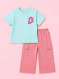 Girls Cotton Co-Ord Set – Sky Blue Graphic T-Shirt & Pink Cargo Pants