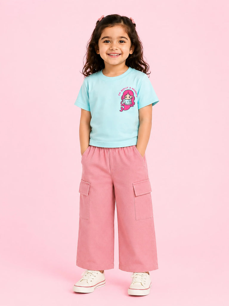 Girls Cotton Co-Ord Set – Sky Blue Graphic T-Shirt & Pink Cargo Pants