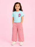 Girls Cotton Co-Ord Set – Sky Blue Graphic T-Shirt & Pink Cargo Pants