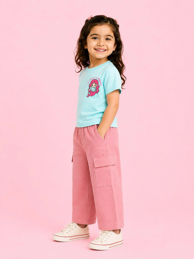 Girls Cotton Co-Ord Set – Sky Blue Graphic T-Shirt & Pink Cargo Pants