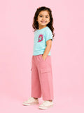 Girls Cotton Co-Ord Set – Sky Blue Graphic T-Shirt & Pink Cargo Pants