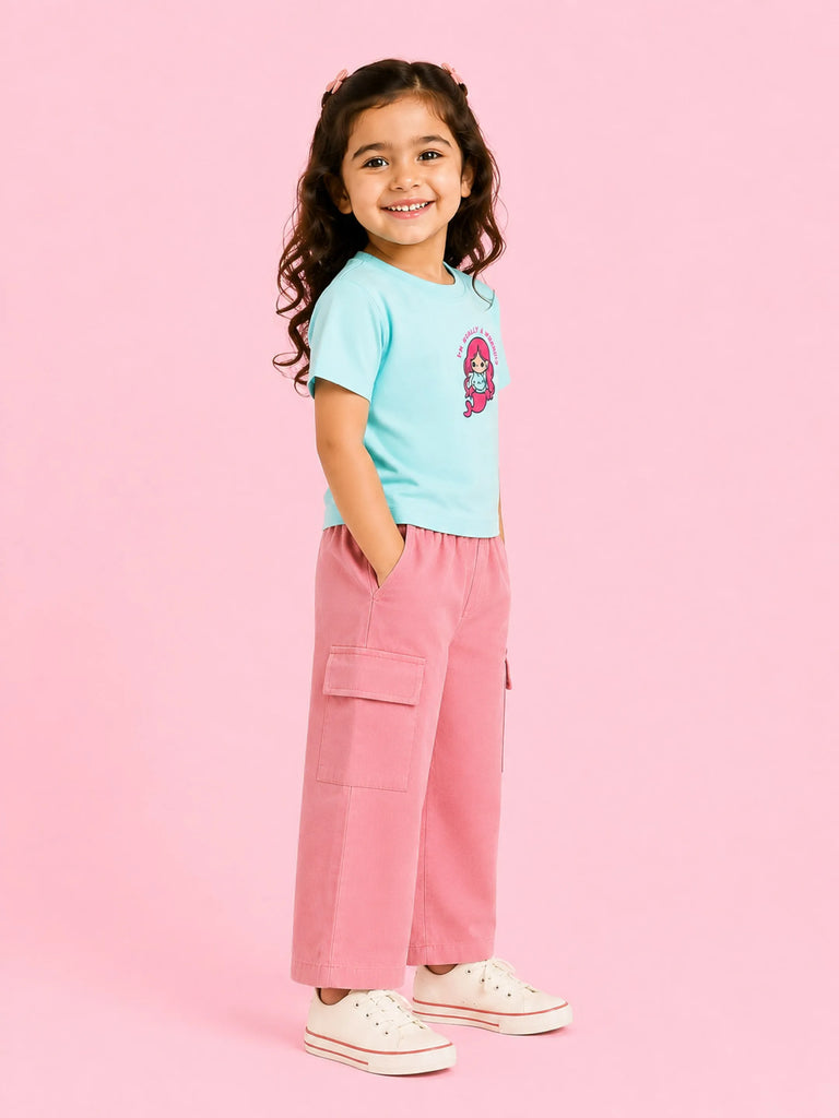 Girls Cotton Co-Ord Set – Sky Blue Graphic T-Shirt & Pink Cargo Pants