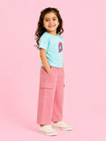 Girls Cotton Co-Ord Set – Sky Blue Graphic T-Shirt & Pink Cargo Pants