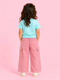 Girls Cotton Co-Ord Set – Sky Blue Graphic T-Shirt & Pink Cargo Pants