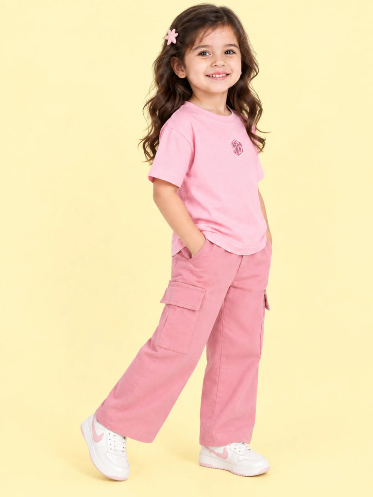 Girls Cotton Co-Ord Set – Pink Graphic T-Shirt & Pink Cargo Pants