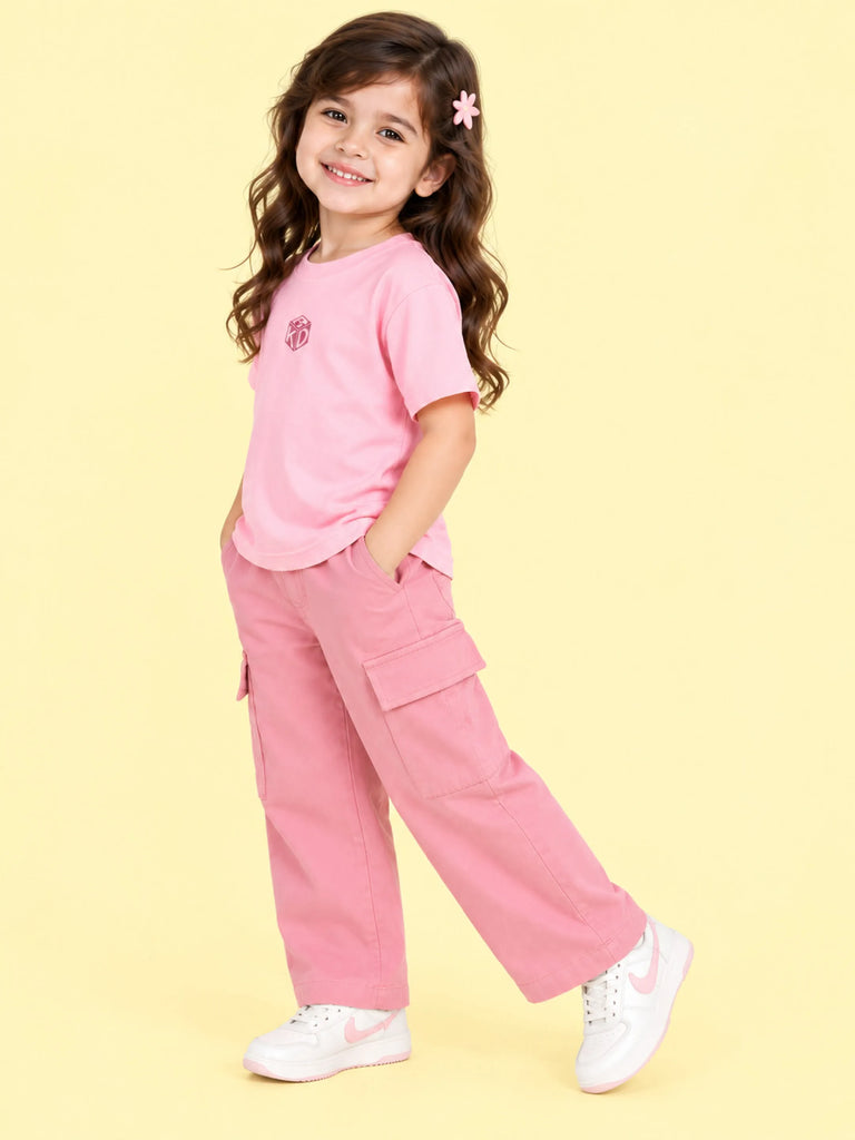 Girls Cotton Co-Ord Set – Pink Graphic T-Shirt & Pink Cargo Pants
