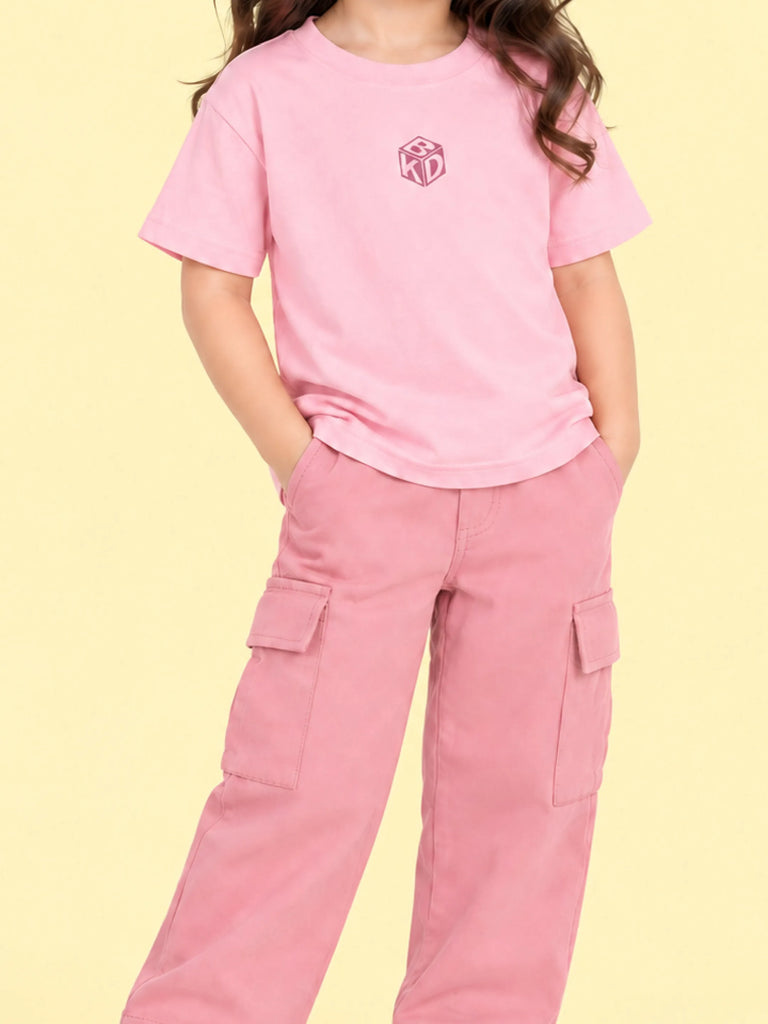 Girls Cotton Co-Ord Set – Pink Graphic T-Shirt & Pink Cargo Pants