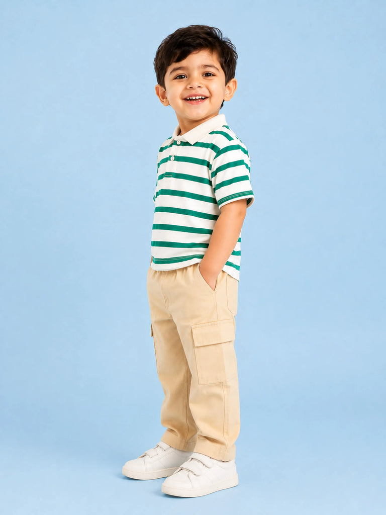Boys Cotton Co-Ord Set – Green & White Striped Polo T-Shirt with Beige Cargo Pants
