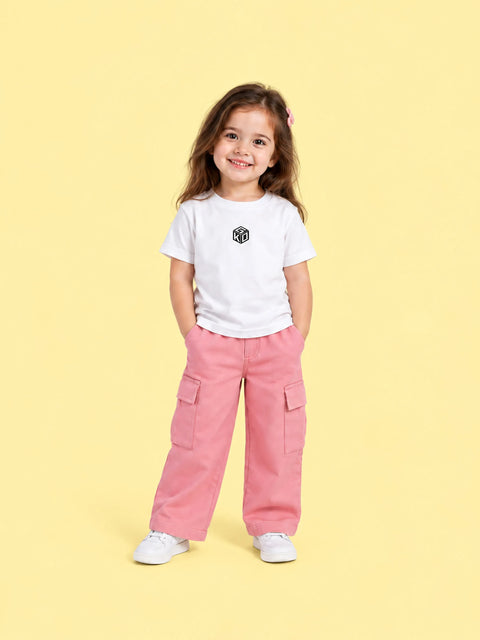 Girls Cotton Co-Ord Set – White Graphic T-Shirt & Pink Cargo Pants