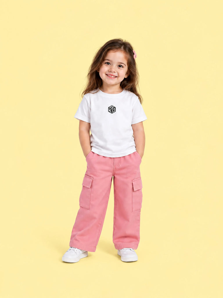 Girls Cotton Co-Ord Set – White Graphic T-Shirt & Pink Cargo Pants