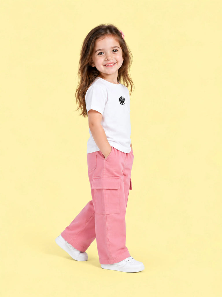 Girls Cotton Co-Ord Set – White Graphic T-Shirt & Pink Cargo Pants